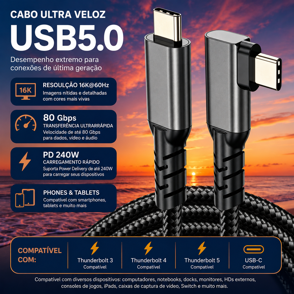 Cabo USB-C Thunderbolt 5 - 240W 80Gbps 16K - 1,5M - hi-prime
