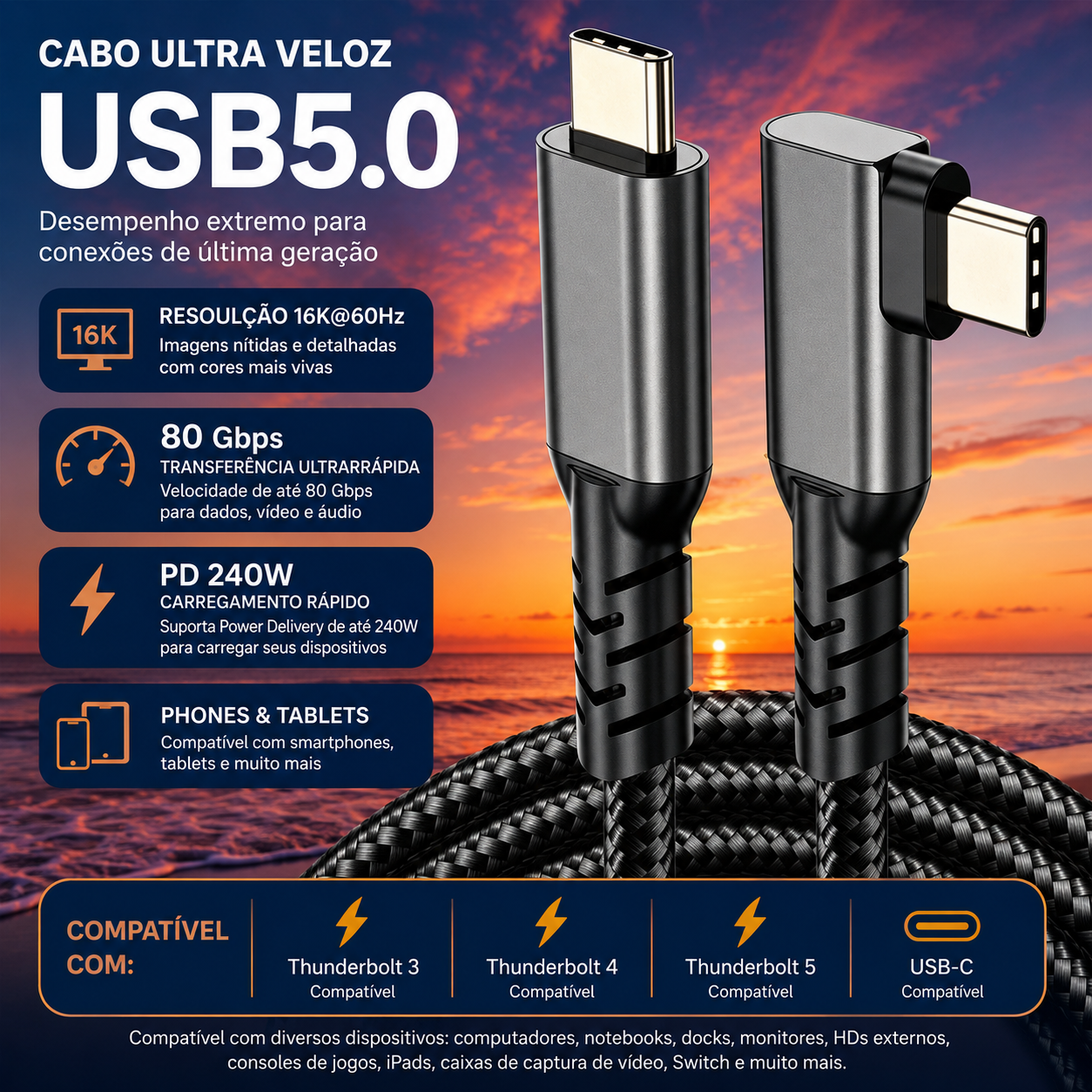 Cabo USB-C Thunderbolt 5 - 240W 80Gbps 16K - 1,5M - hi-prime
