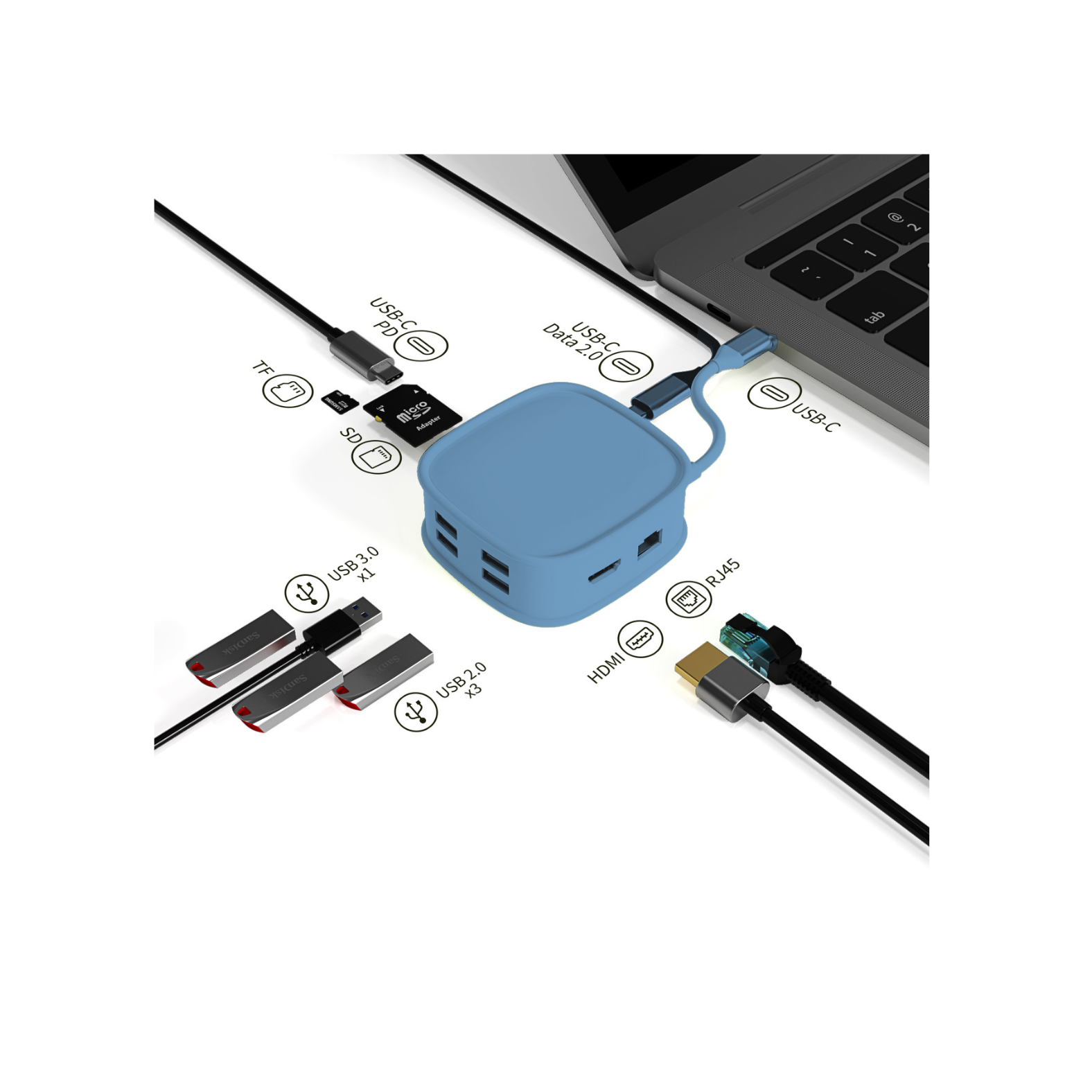 Adaptador Hub Dock USB-C 10 em 1 HDMI+RJ45+4USB+PD+TF+SD