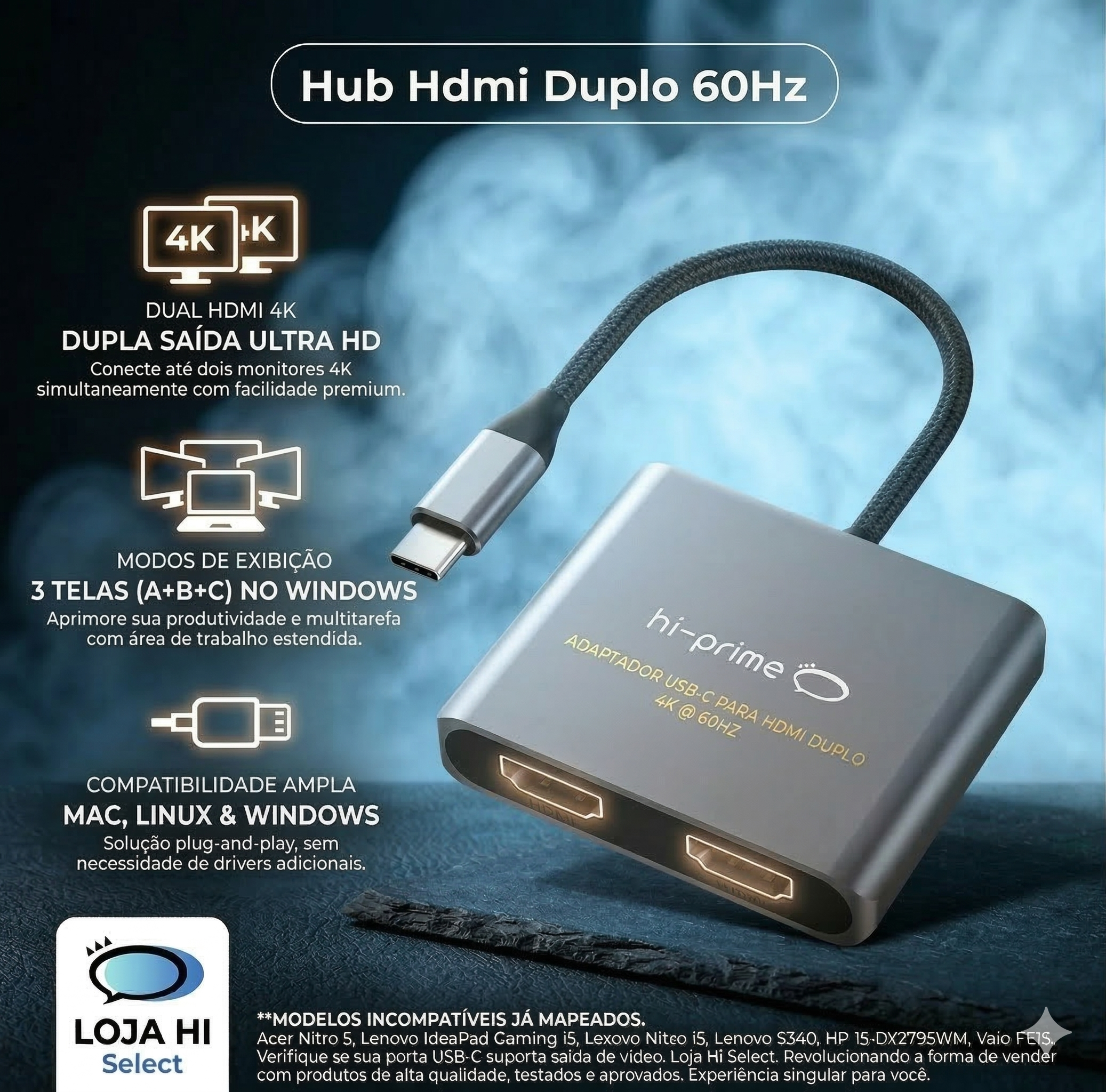 Adaptador Usb C Para Hdmi - Dois Monitores - 4k - Duplo 60hz